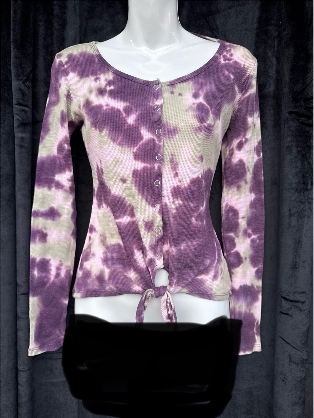 Ultra Flirt Purple Tie-Dye Long Sleeve Button-Up Top with Front Tie XS
